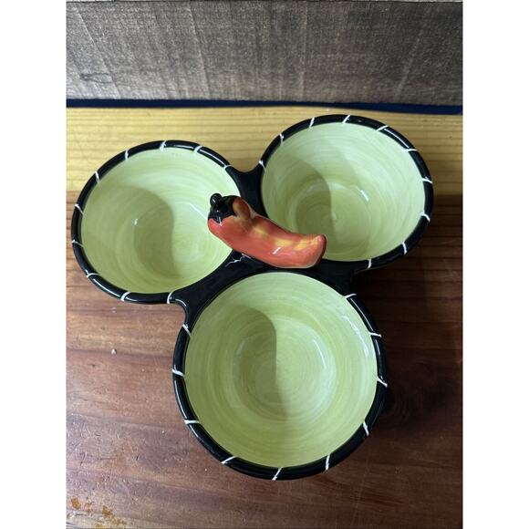 Clay Art Condiment Bowls 3 Section Jalapeño Handle Salsa Chili Pepper - Picture 4 of 7